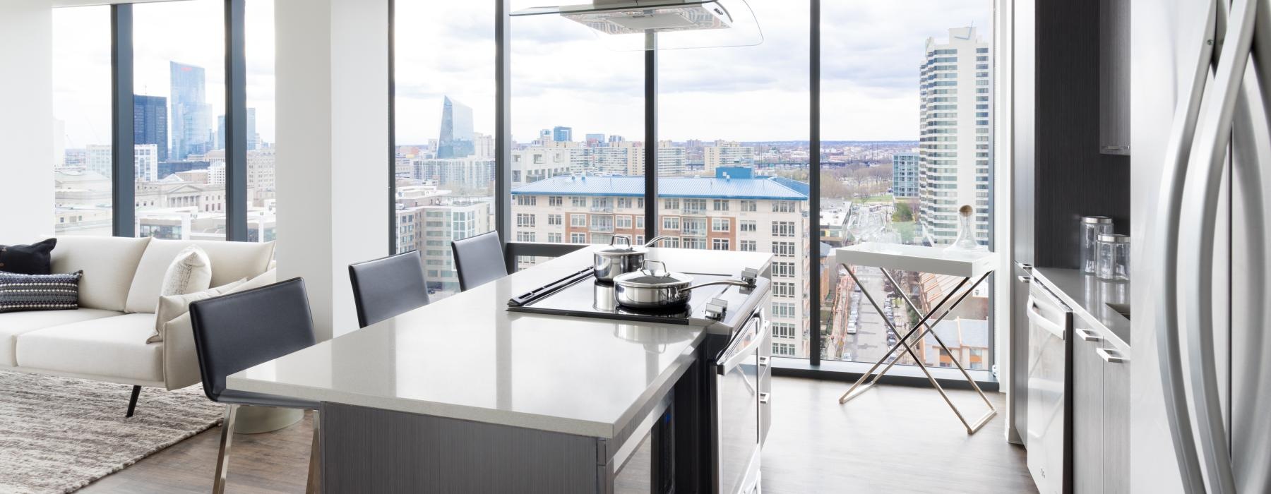 a kitchen and living room